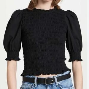Veronica Beard Langston Smocked Puff Sleeve Ruffle Top Small Black Coquette Prep